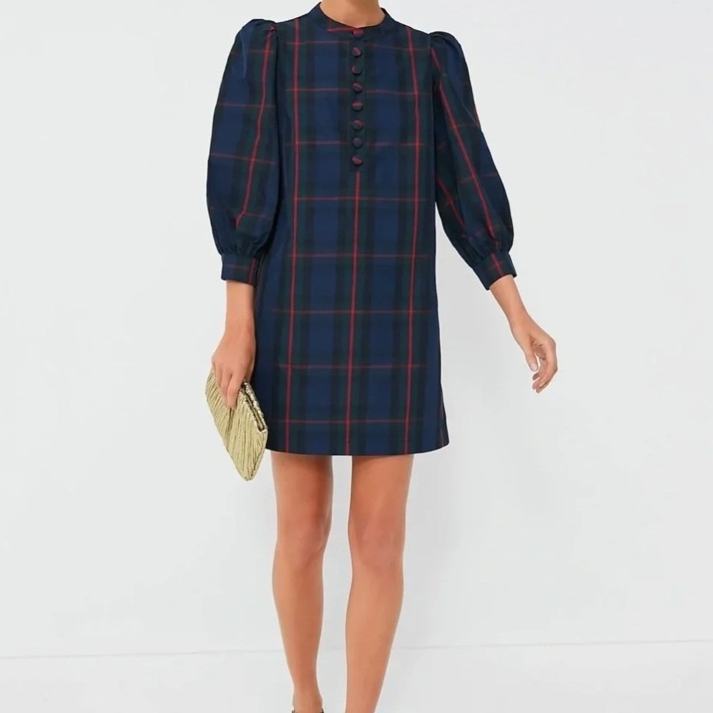 Tuckernuck Pomander Place Fraser Navy Red Plaid Puff Sleeve Mini Shift Dress XL